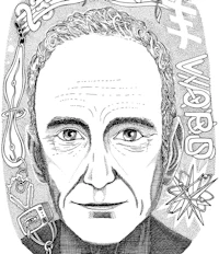 a black and white drawing of a man's face